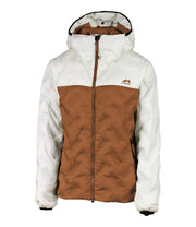 A women's two-tone puffer with a beige hood, shoulders, upper chest, and sleeves paired with a brown body. The jacket features welded baffle construction, a front zip closure and two hand zip pockets.