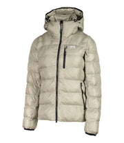 A women's beige puffer featuring a front zip closure, zippered chest pocket, and two side zip pockets, with an adjustable hood.