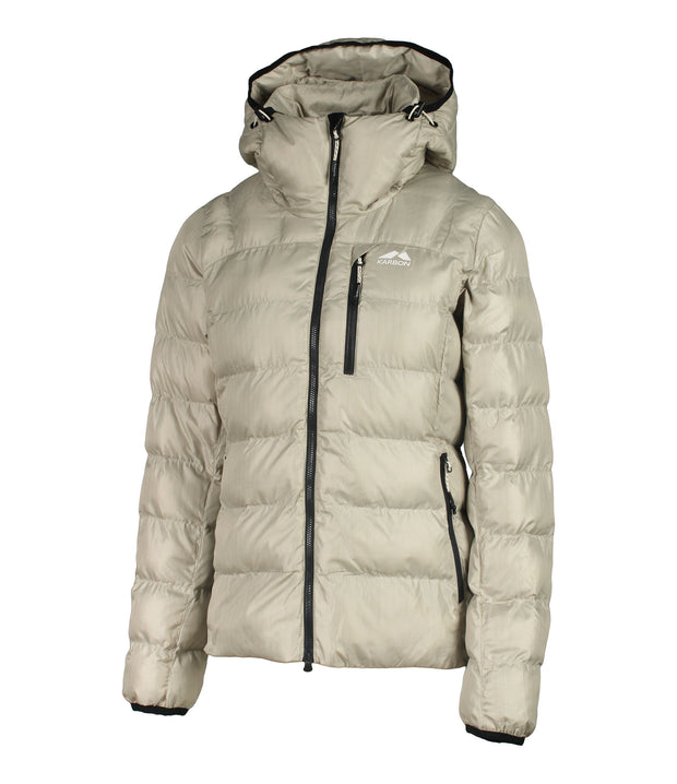 A women's beige puffer featuring a front zip closure, zippered chest pocket, and two side zip pockets, with an adjustable hood.