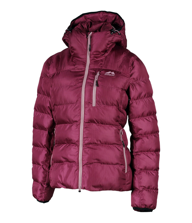 A women's pink puffer featuring a front zip closure, zippered chest pocket, and two side zip pockets, with an adjustable hood.