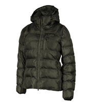 A women's green puffer featuring a front zip closure, zippered chest pocket, and two side zip pockets, with an adjustable hood.