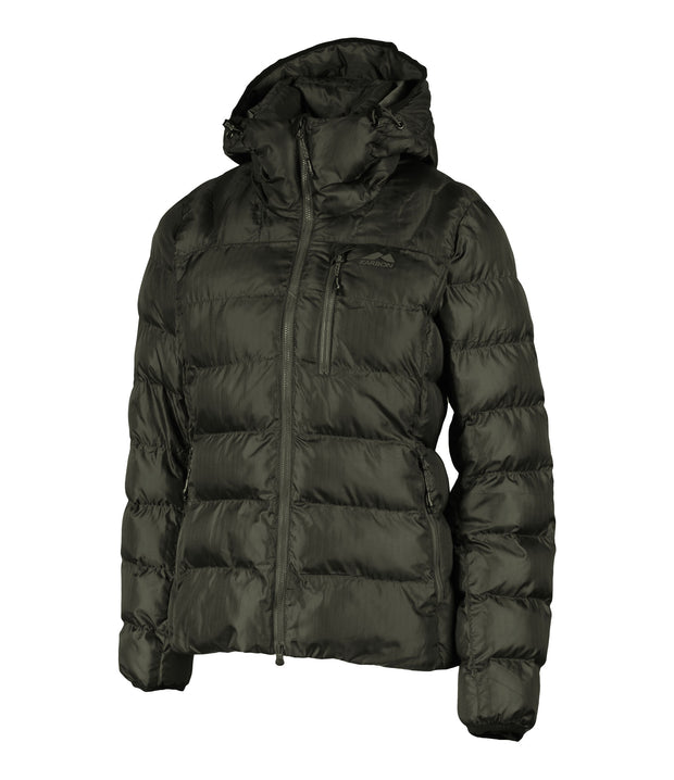 A women's green puffer featuring a front zip closure, zippered chest pocket, and two side zip pockets, with an adjustable hood.