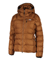 A women's brown puffer featuring a front zip closure, zippered chest pocket, and two side zip pockets, with an adjustable hood.
