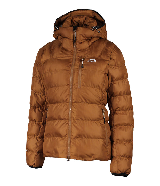 A women's brown puffer featuring a front zip closure, zippered chest pocket, and two side zip pockets, with an adjustable hood.