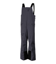 A pair of grey shell bib pants with black suspenders, featuring multiple pockets, designed for women.