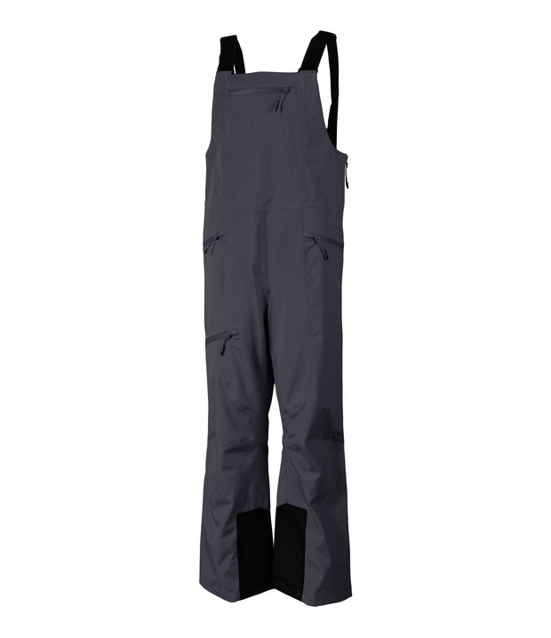 A pair of grey shell bib pants with black suspenders, featuring multiple pockets, designed for women.