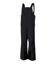 A pair of black shell bib pants with black suspenders, featuring multiple pockets, designed for women.