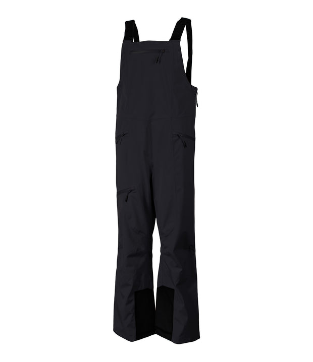 A pair of black shell bib pants with black suspenders, featuring multiple pockets, designed for women.