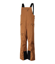 A pair of brown shell bib pants with black suspenders, featuring multiple pockets, designed for women.