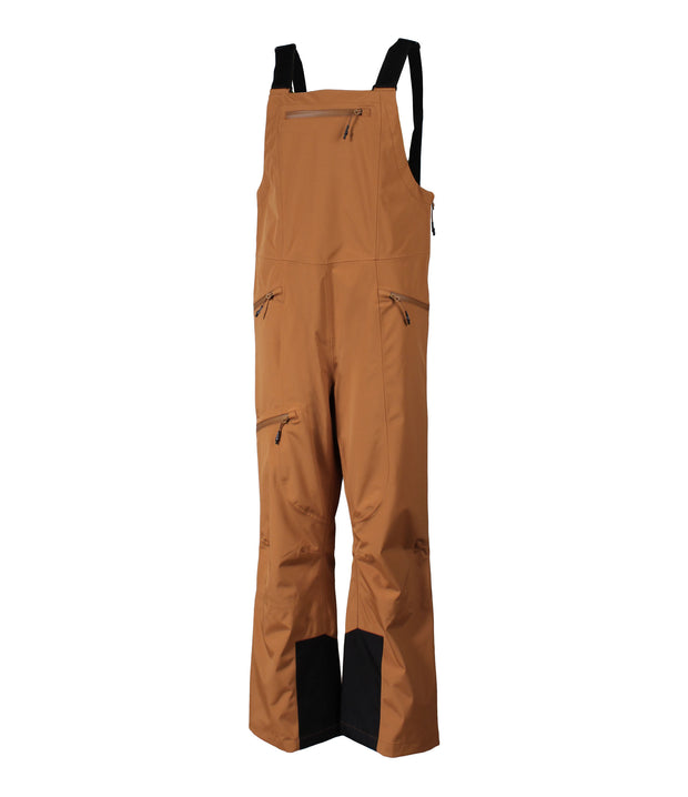A pair of brown shell bib pants with black suspenders, featuring multiple pockets, designed for women.