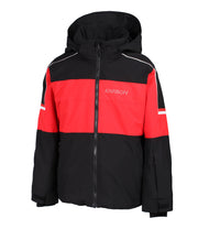 Black and red jacket with a hood on a white background
