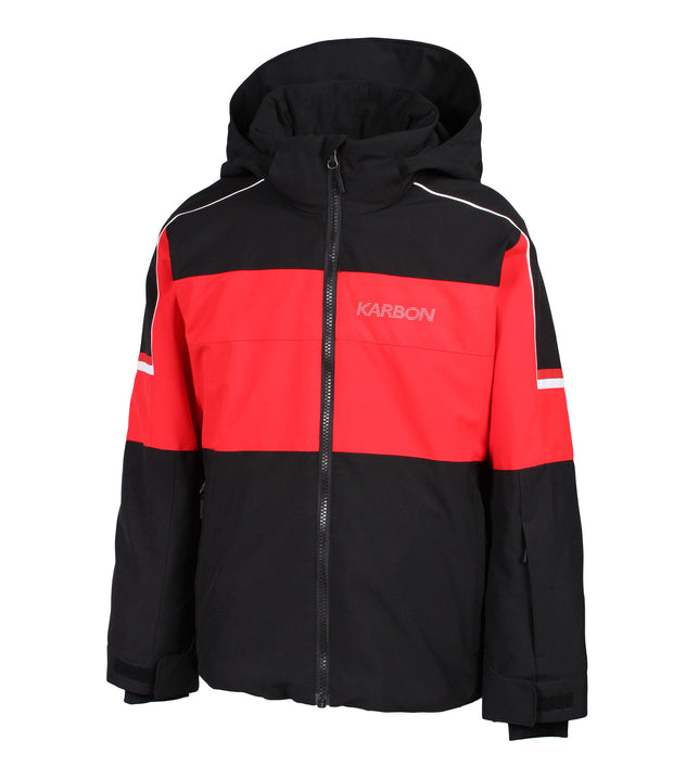 Black and red jacket with a hood on a white background