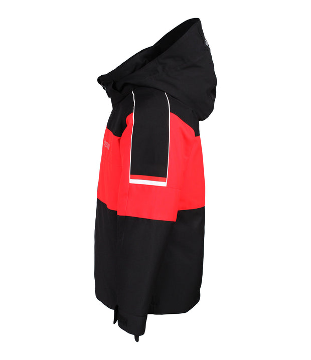 Black and red jacket with a hood on a white background