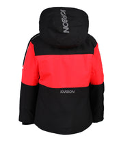 A back shot of a black and red jacket with a hood on a white background