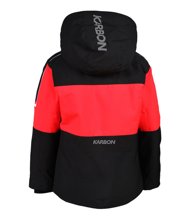 A back shot of a black and red jacket with a hood on a white background