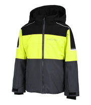 Two-tone black and yellow jacket with a hood on a white background