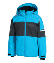 Blue and black jacket with a hood on a white background