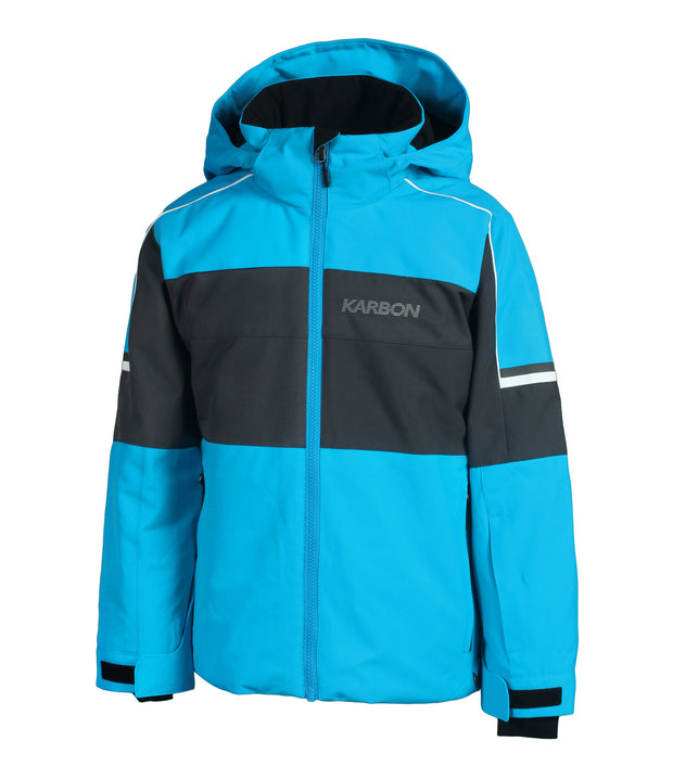 Blue and black jacket with a hood on a white background
