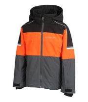 Black, orange, and gray jacket with a hood on a white background.