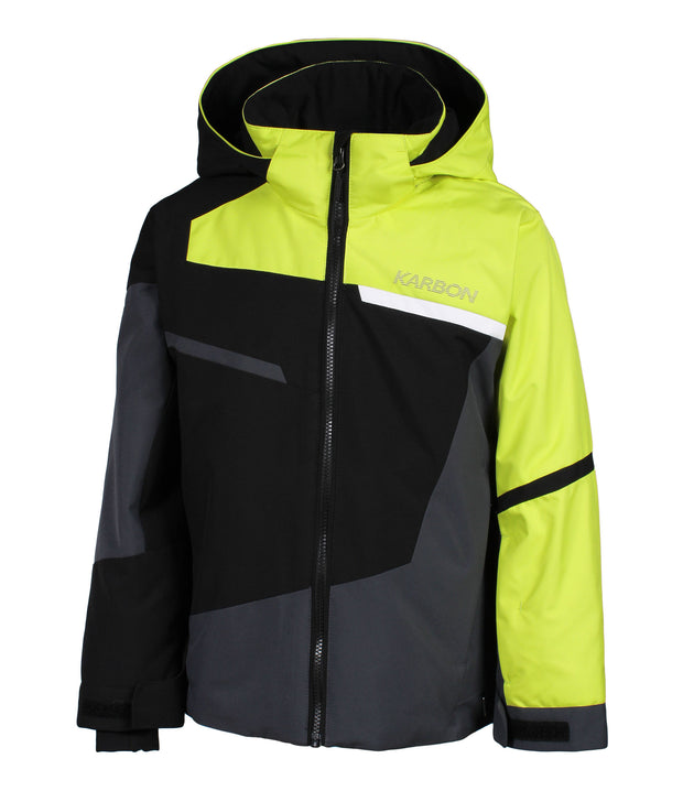 A boys' color-blocked jacket in 3 colors — yellow, black and grey — featuring an adjustable hood, front zip closure, and asymmetrical panel detailing on the chest and sleeves.