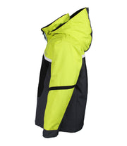 A boys' color-blocked jacket in 3 colors — yellow, black and grey — featuring an adjustable hood, front zip closure, and asymmetrical panel detailing on the chest and sleeves.