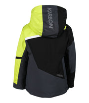 A back shot of a boys' color-blocked jacket in 3 colors — yellow, black and grey — featuring an adjustable hood, front zip closure, and asymmetrical panel detailing on the chest and sleeves.