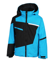 A boys' color-blocked jacket in 2 colors — blue and black — featuring an adjustable hood, front zip closure, and asymmetrical panel detailing on the chest and sleeves.
