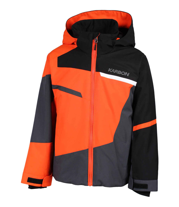 A boys' color-blocked jacket in 3 colors — black, orange and grey — featuring an adjustable hood, front zip closure, and asymmetrical panel detailing on the chest and sleeves.