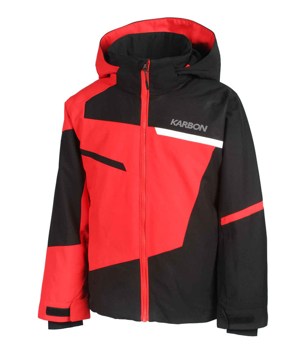 A boys' color-blocked jacket in two colors — black and red — featuring an adjustable hood, front zip closure, and asymmetrical panel detailing on the chest and sleeves.