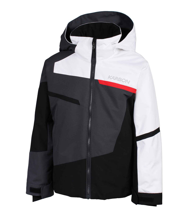 A boys' color-blocked jacket in 3 colors — white, black and grey — featuring an adjustable hood, front zip closure, and asymmetrical panel detailing on the chest and sleeves.