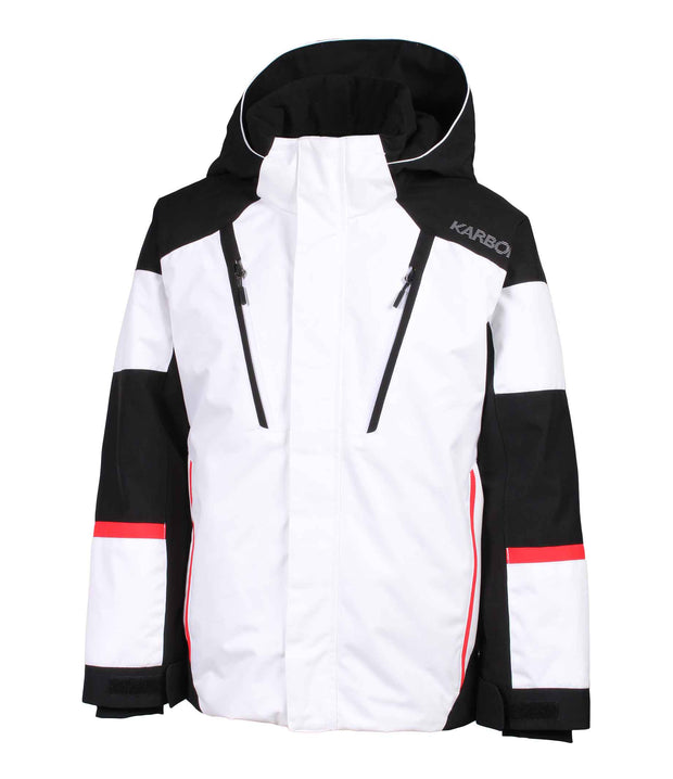 A boys' color-blocked jacket featuring white and black panels, with an adjustable hood, front zip closure, and zippered chest pocket with a contrasting light accent stripe. The jacket also includes zippered side pockets and adjustable cuff.