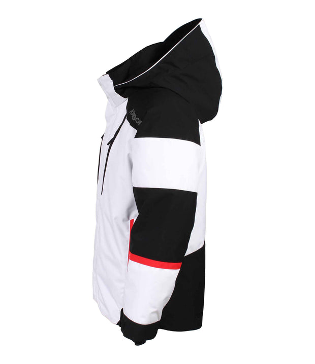 A boys' color-blocked jacket featuring white and black panels, with an adjustable hood, front zip closure, and zippered chest pocket with a contrasting light accent stripe. The jacket also includes zippered side pockets and adjustable cuff.