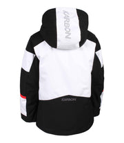 A back shot of a boys' color-blocked jacket featuring white and black panels, with an adjustable hood, front zip closure, and zippered chest pocket with a contrasting light accent stripe. The jacket also includes zippered side pockets and adjustable cuff.