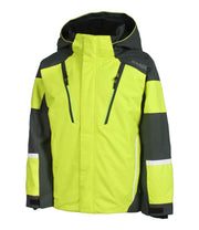 A boys' color-blocked jacket featuring yellow and grey panels, with an adjustable hood, front zip closure, and zippered chest pocket with a contrasting light accent stripe. The jacket also includes zippered side pockets and adjustable cuffs.