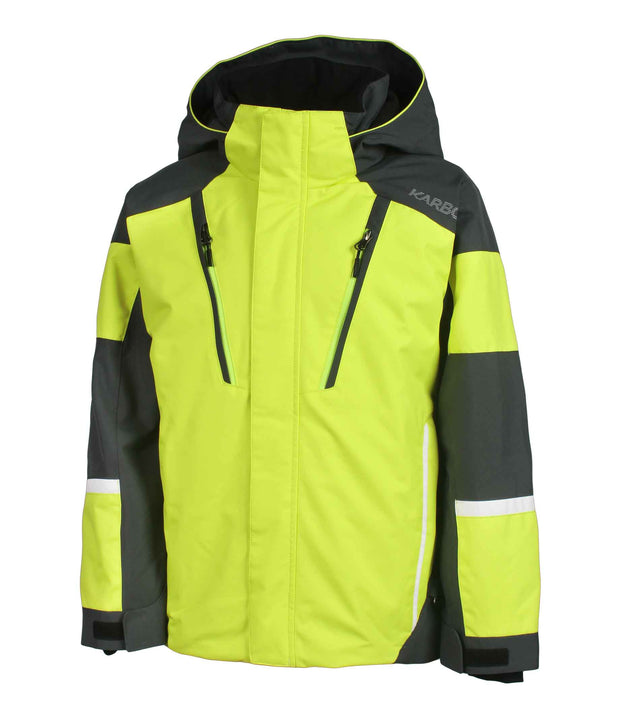 A boys' color-blocked jacket featuring yellow and grey panels, with an adjustable hood, front zip closure, and zippered chest pocket with a contrasting light accent stripe. The jacket also includes zippered side pockets and adjustable cuffs.