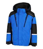 A boys' color-blocked jacket featuring blue and black panels, with an adjustable hood, front zip closure, and zippered chest pocket with a contrasting light accent stripe. The jacket also includes zippered side pockets and adjustable cuff.