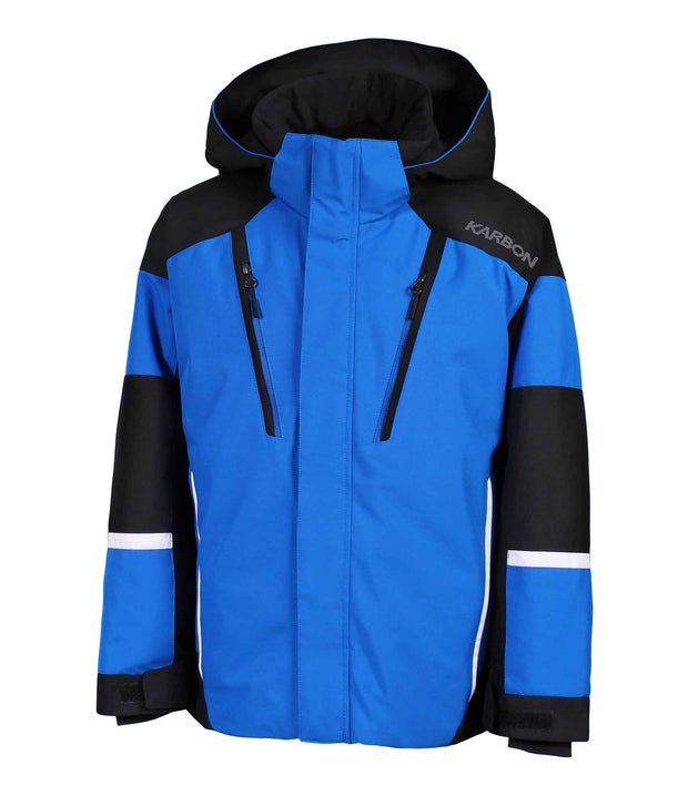 A boys' color-blocked jacket featuring blue and black panels, with an adjustable hood, front zip closure, and zippered chest pocket with a contrasting light accent stripe. The jacket also includes zippered side pockets and adjustable cuff.