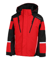 A boys' color-blocked jacket featuring red and black  panels, with an adjustable hood, front zip closure, and zippered chest pocket with a contrasting light accent stripe. The jacket also includes zippered side pockets and adjustable cuff.