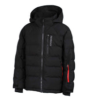 A black puffer featuring a front zip closure, zippered chest pocket, and two side zip pockets, with an a hood.