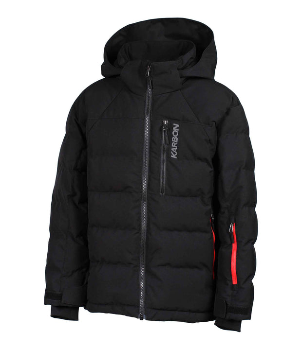A black puffer featuring a front zip closure, zippered chest pocket, and two side zip pockets, with an a hood.