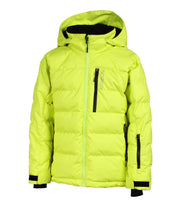 A yellow puffer featuring a front zip closure, zippered chest pocket, and two side zip pockets, with an a hood.