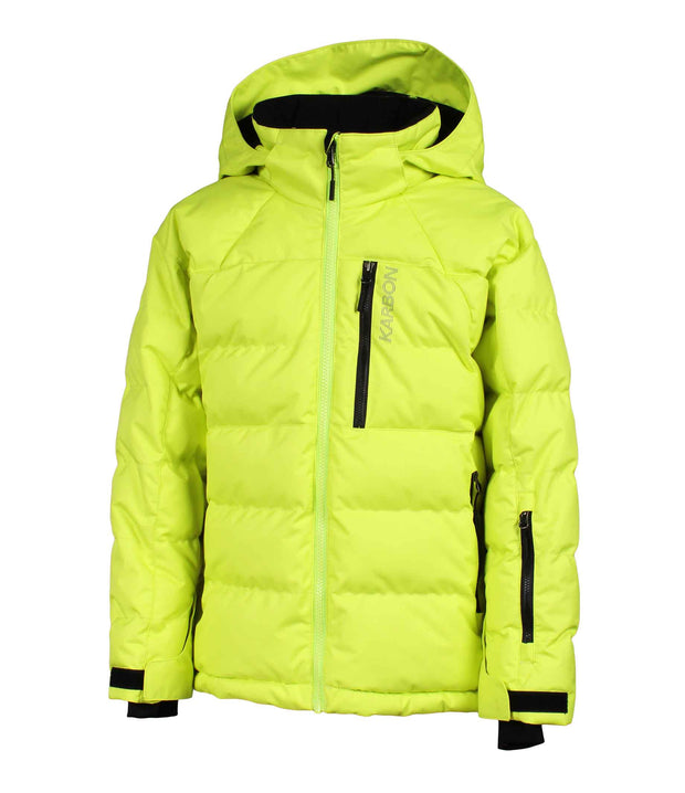 A yellow puffer featuring a front zip closure, zippered chest pocket, and two side zip pockets, with an a hood.