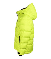 A yellow puffer featuring a front zip closure, zippered chest pocket, and two side zip pockets, with an a hood.