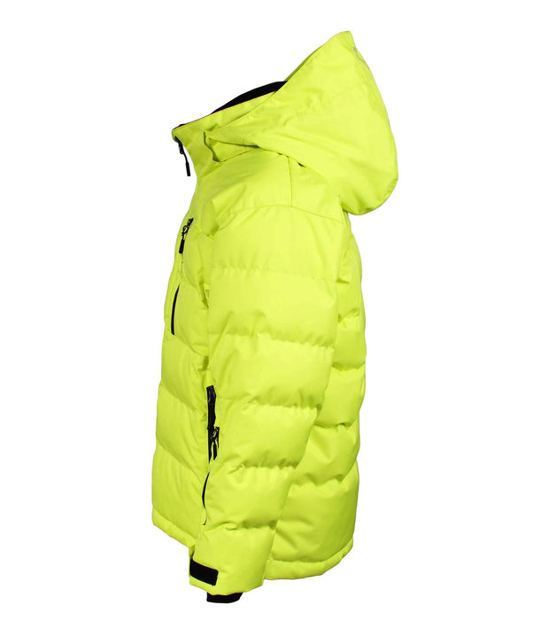A yellow puffer featuring a front zip closure, zippered chest pocket, and two side zip pockets, with an a hood.