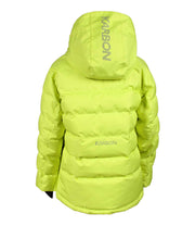 A yellow puffer featuring a front zip closure, zippered chest pocket, and two side zip pockets, with an a hood.