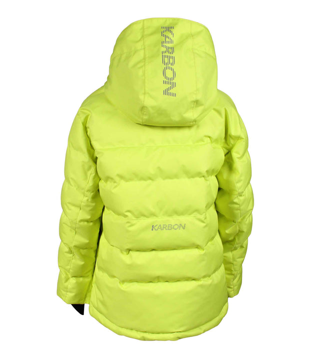 A yellow puffer featuring a front zip closure, zippered chest pocket, and two side zip pockets, with an a hood.