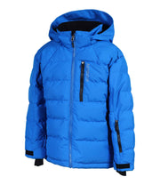 A blue puffer featuring a front zip closure, zippered chest pocket, and two side zip pockets, with an a hood.