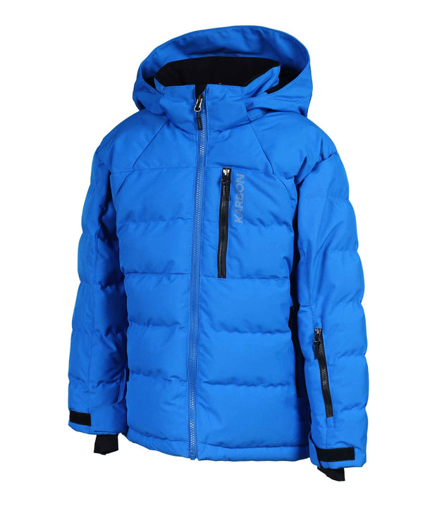 A blue puffer featuring a front zip closure, zippered chest pocket, and two side zip pockets, with an a hood.