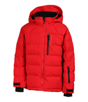 A red puffer featuring a front zip closure, zippered chest pocket, and two side zip pockets, with an a hood.