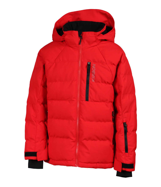 A red puffer featuring a front zip closure, zippered chest pocket, and two side zip pockets, with an a hood.